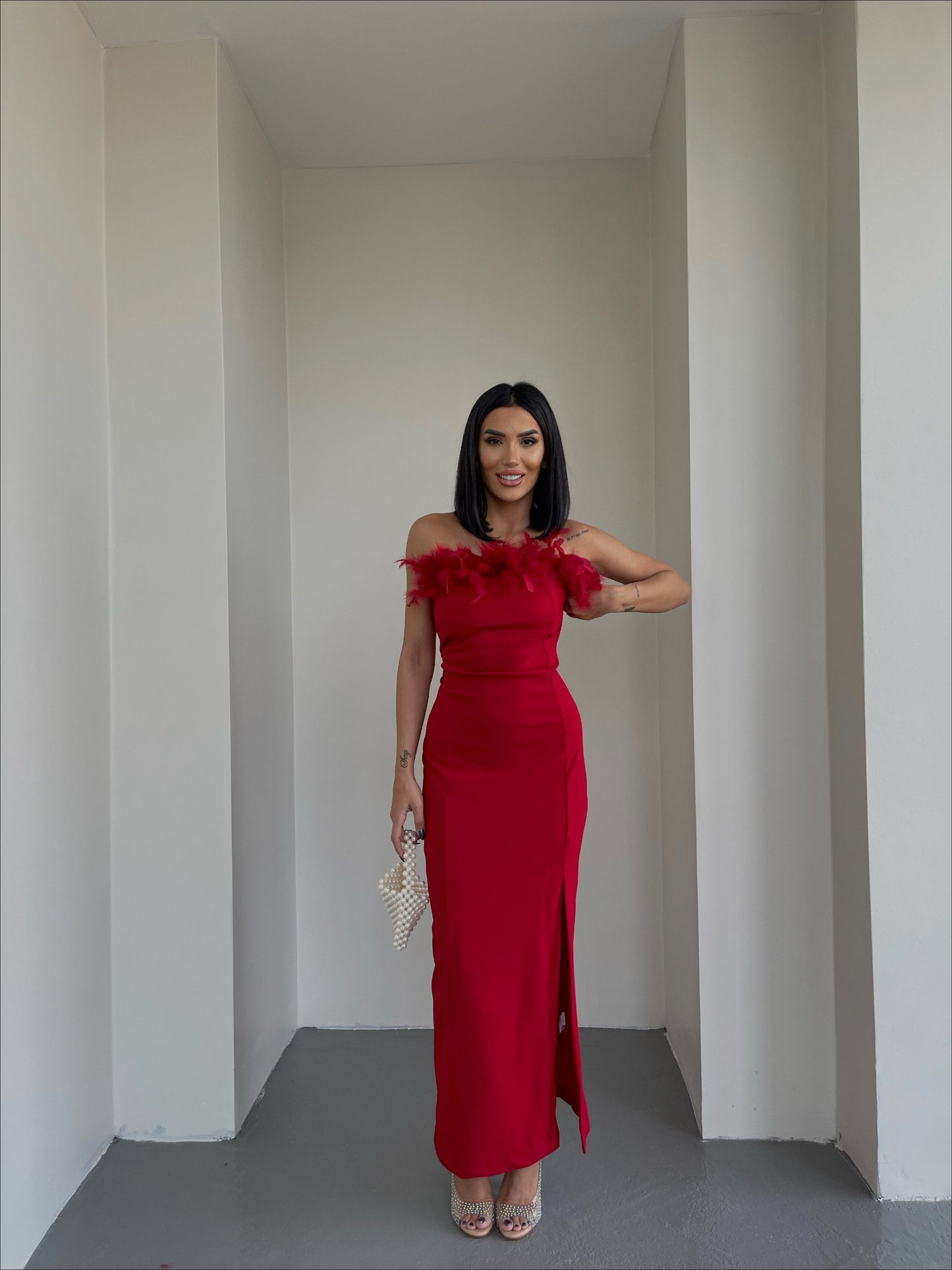 Red feather cup dress