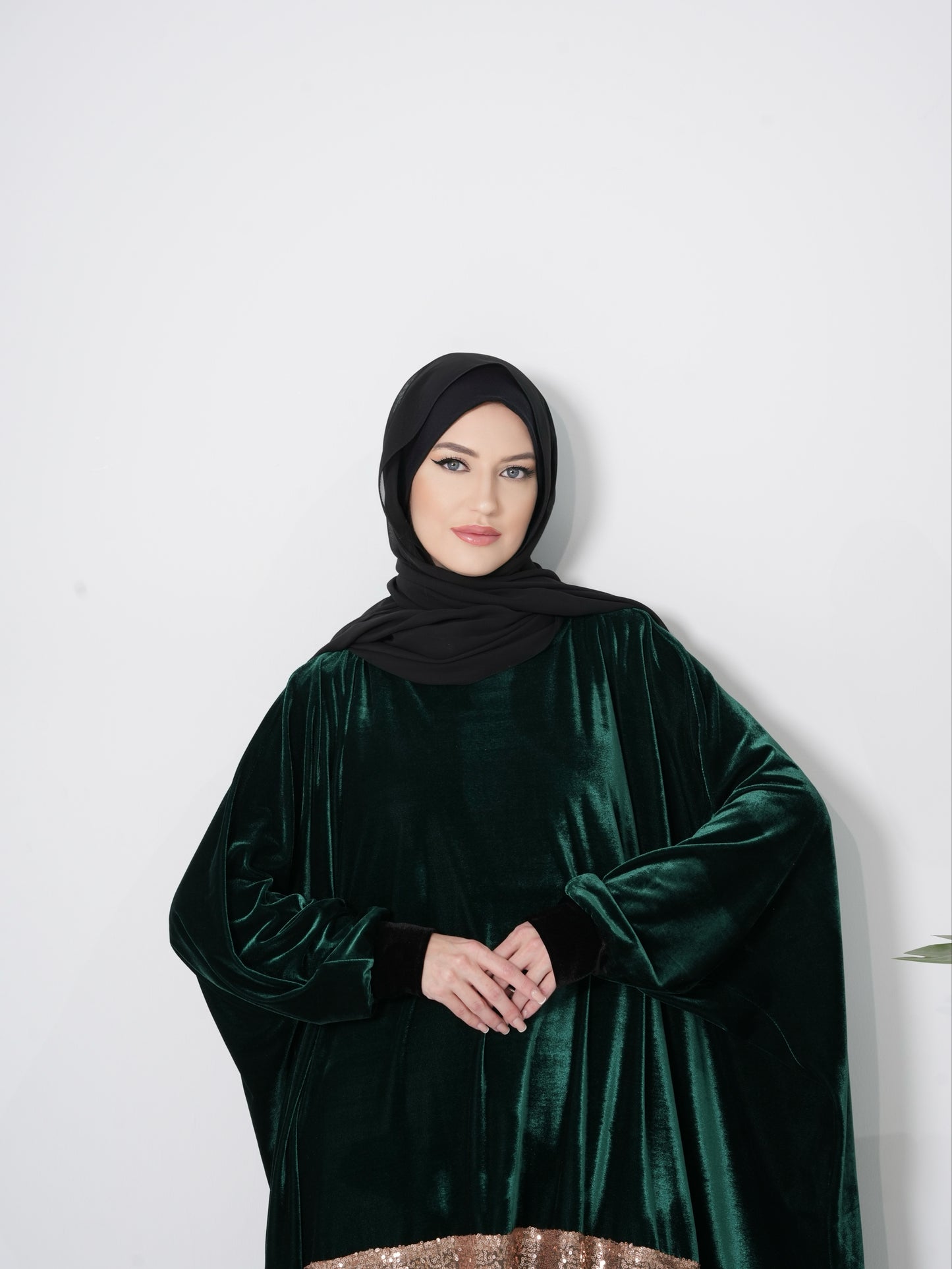 Velvet Olive Kaftan Dress with Gold pattern