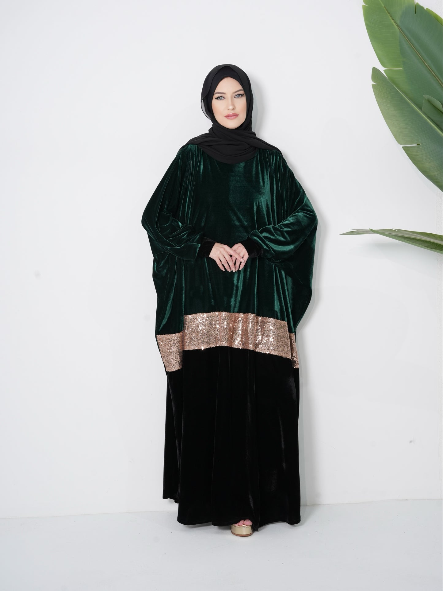Velvet Olive Kaftan Dress with Gold pattern