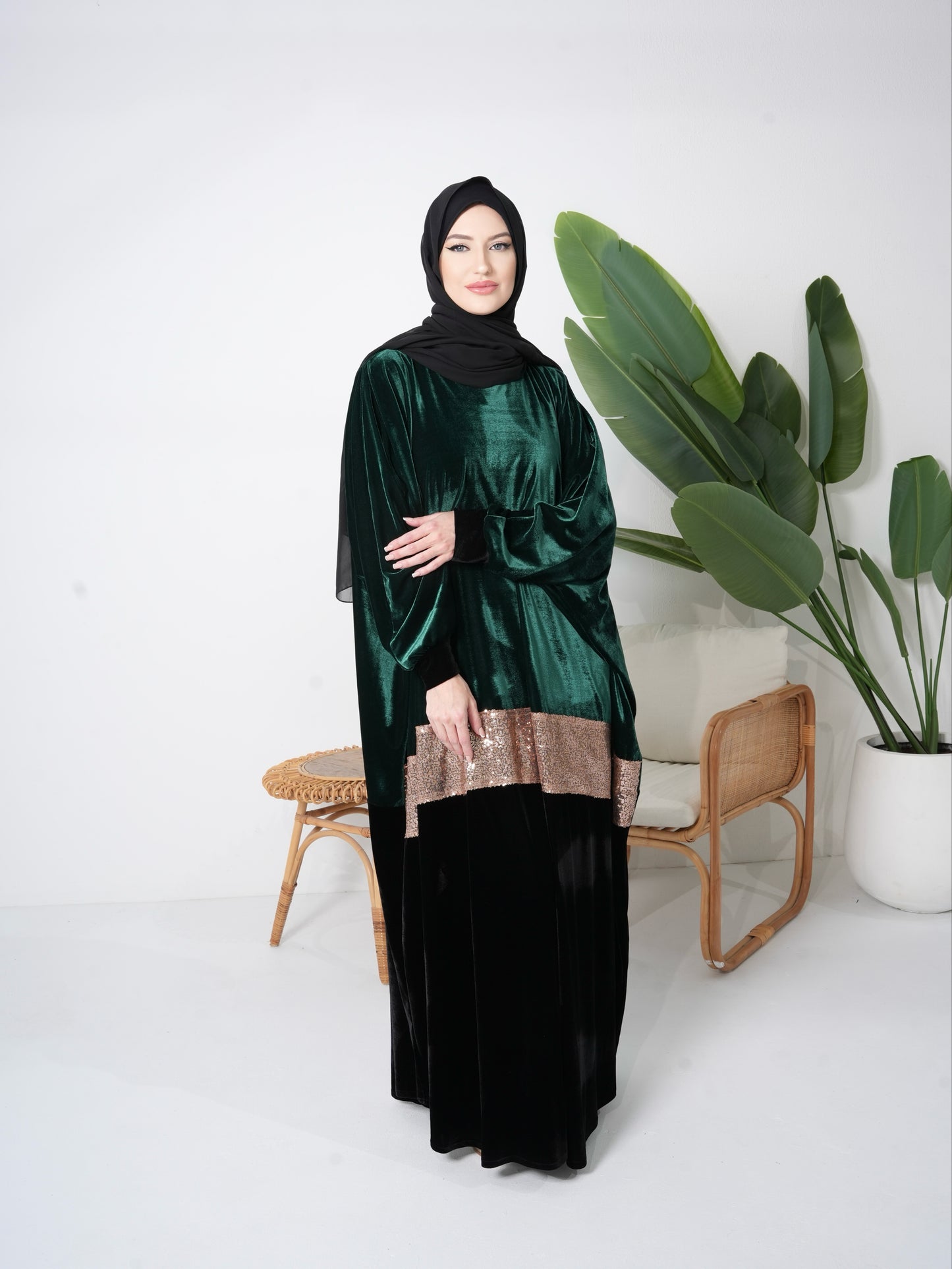 Velvet Olive Kaftan Dress with Gold pattern