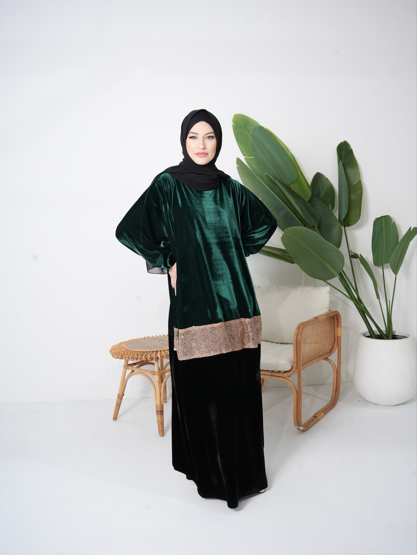 Velvet Olive Kaftan Dress with Gold pattern