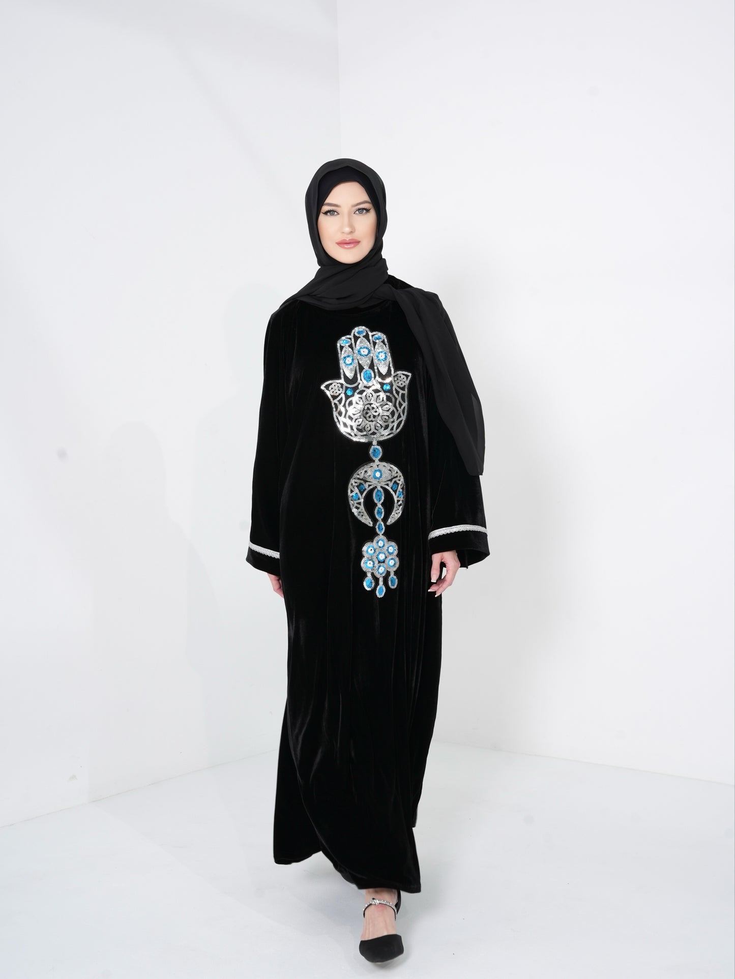 Velvet Black Kaftan Dress with Silver pattern