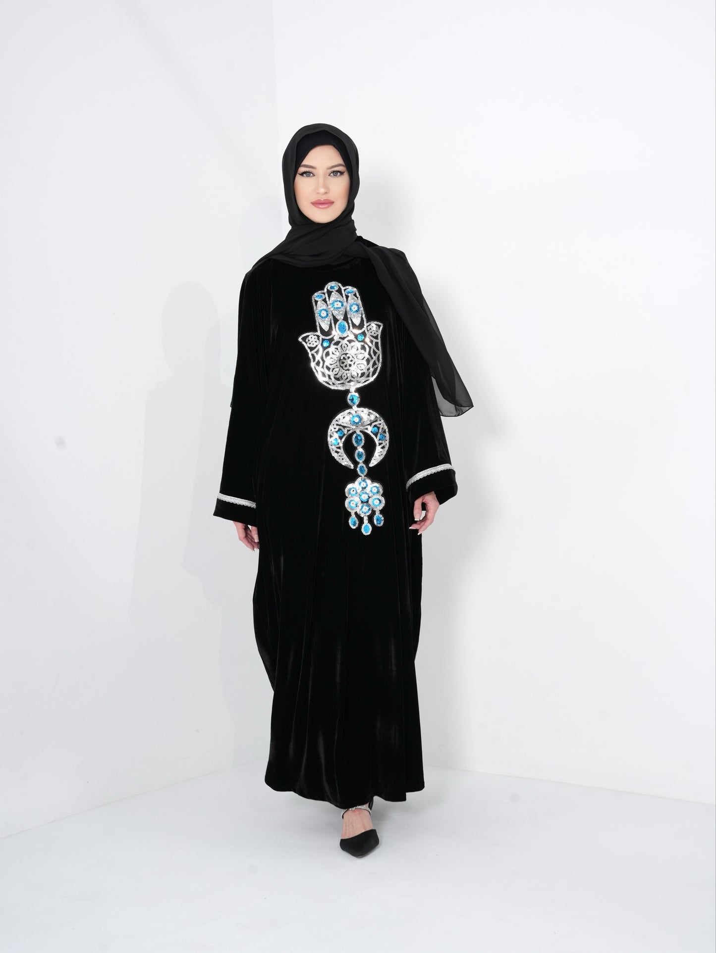 Velvet Black Kaftan Dress with Silver pattern