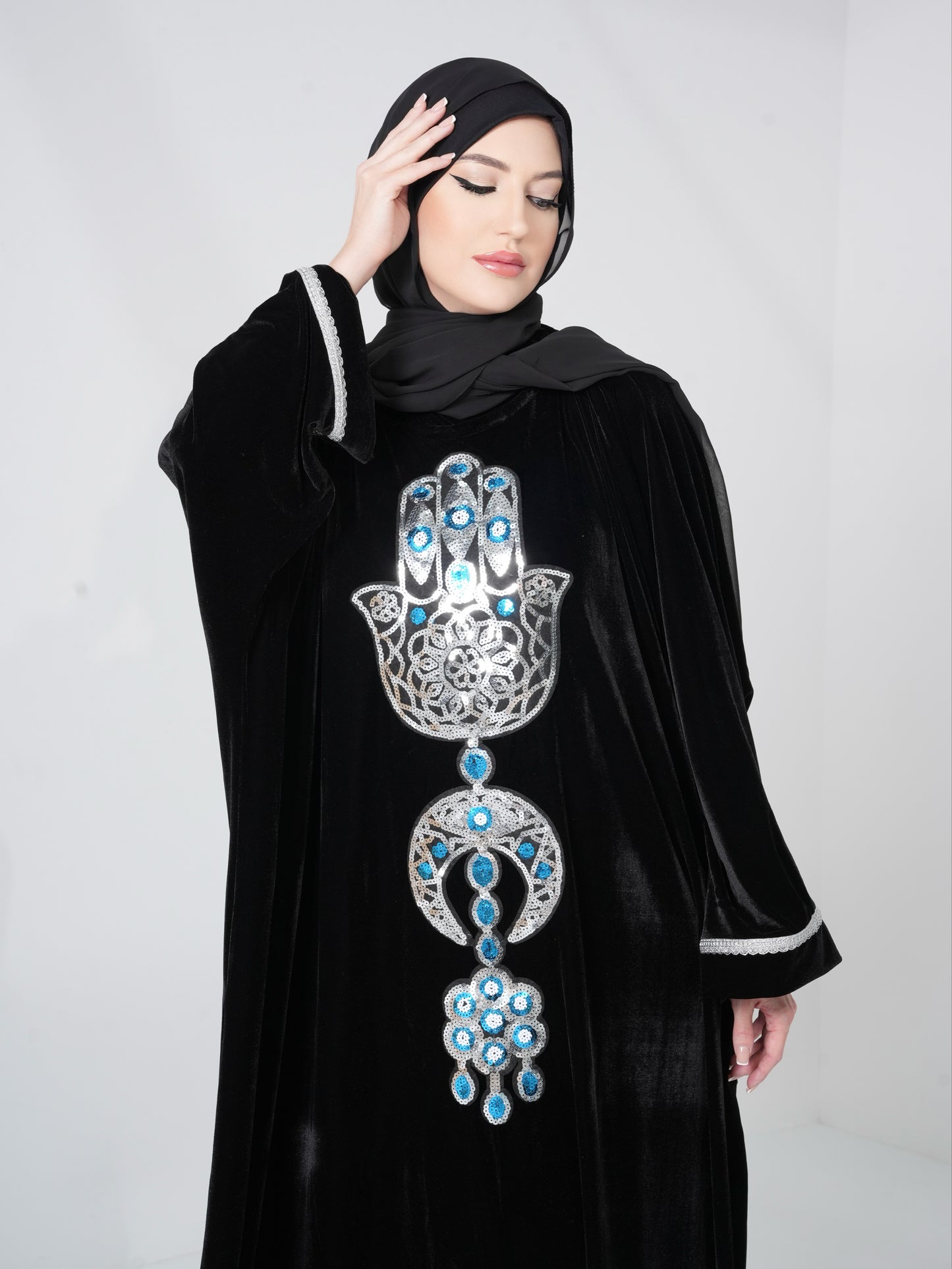 Velvet Black Kaftan Dress with Silver pattern