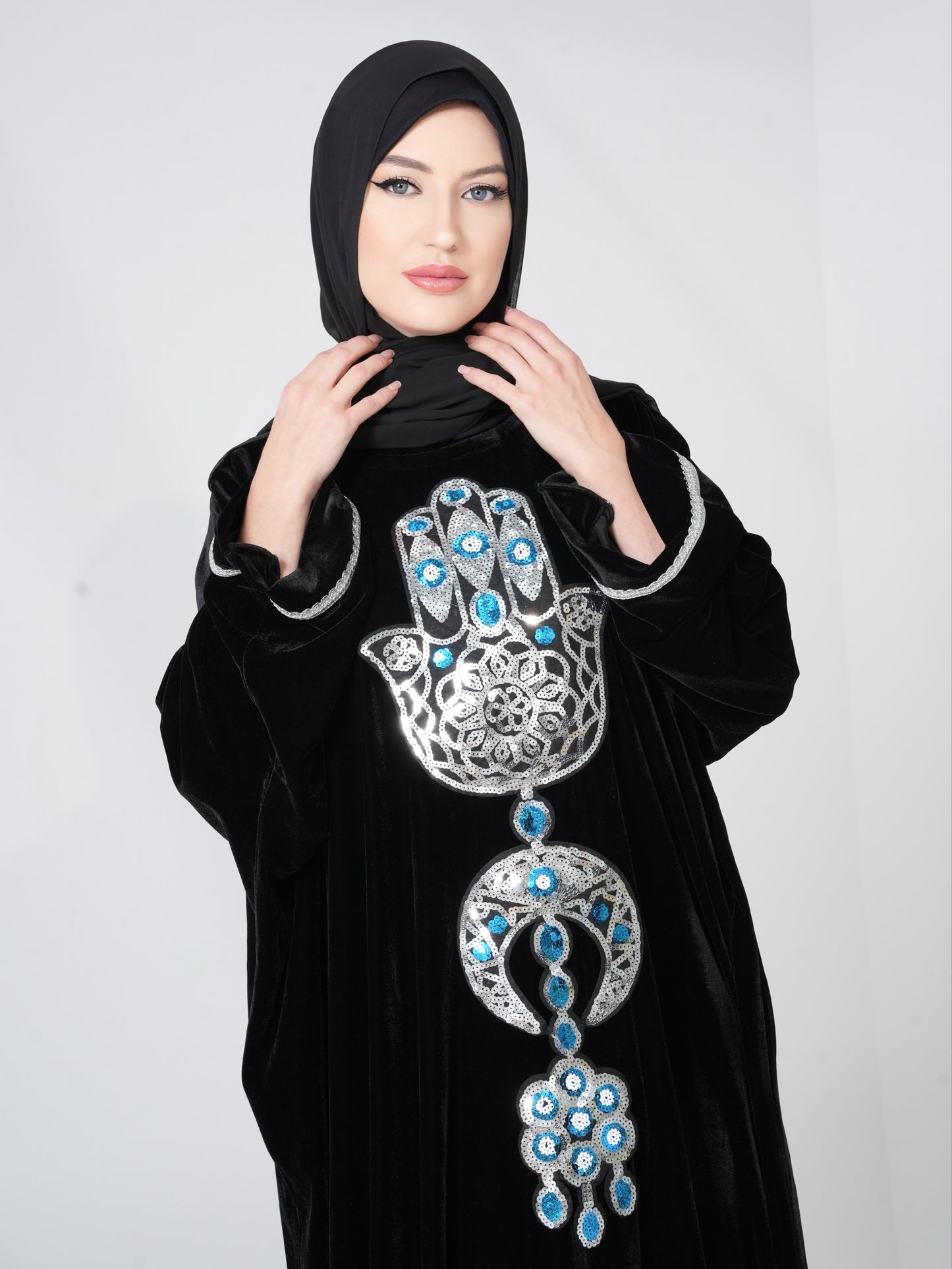 Velvet Black Kaftan Dress with Silver pattern