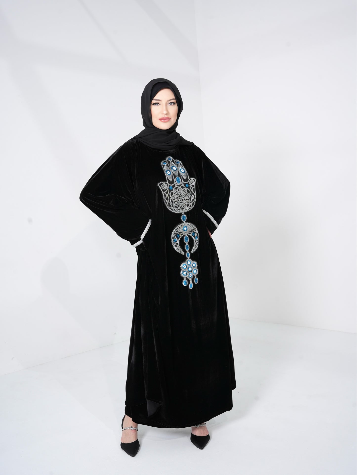 Velvet Black Kaftan Dress with Silver pattern