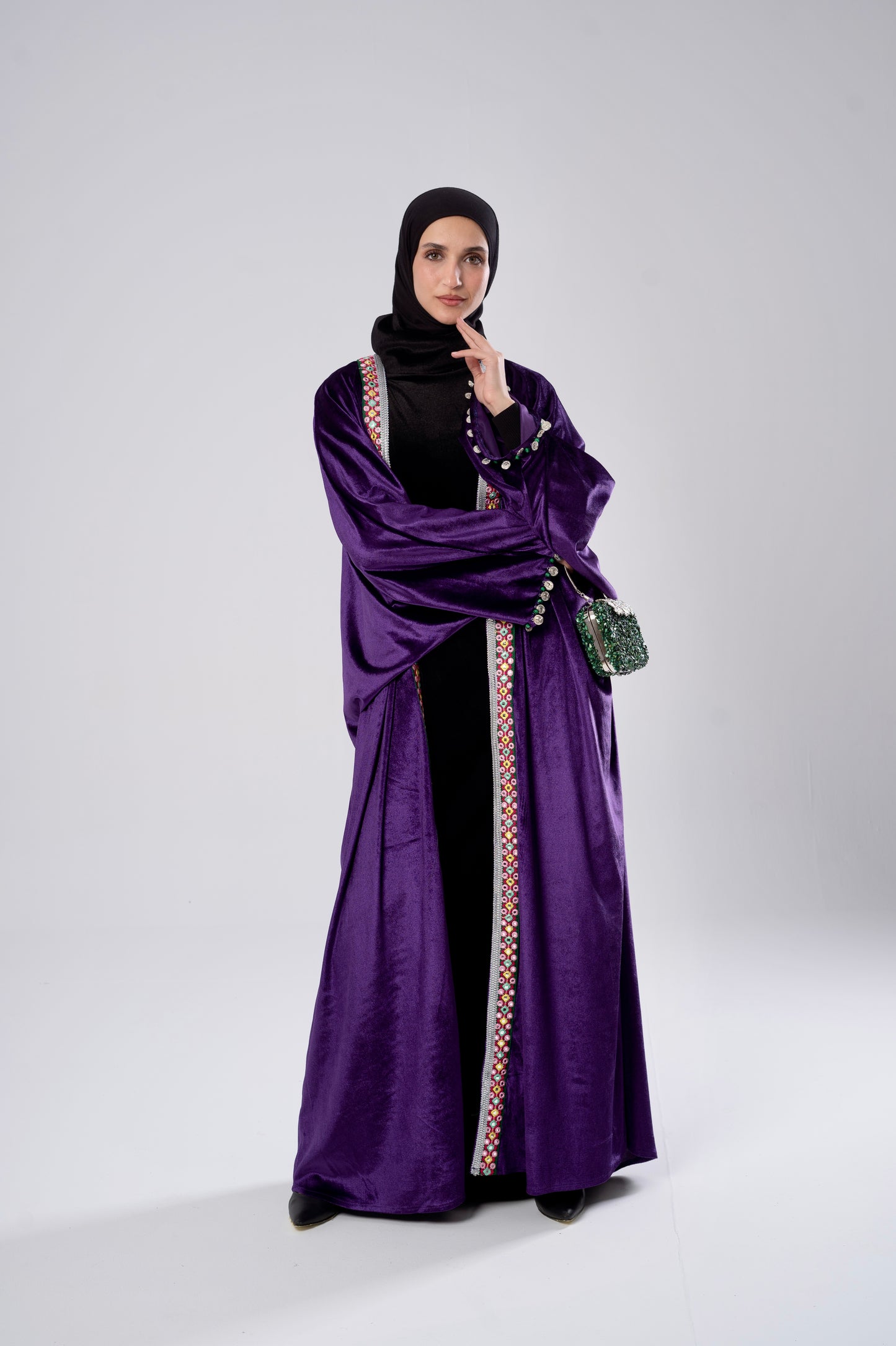 Purple Velvet Kaftan with Silver& Green Pattern