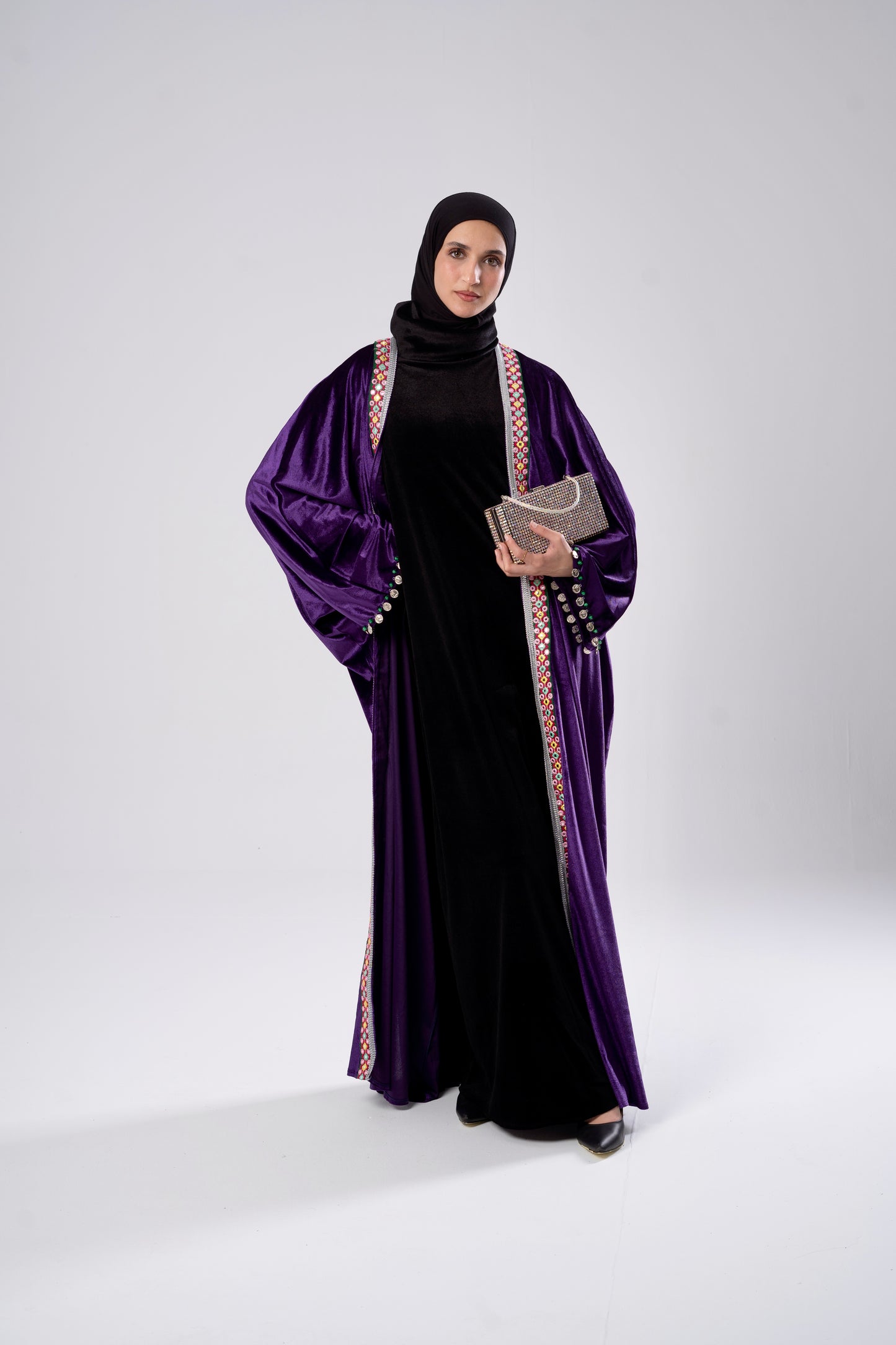 Purple Velvet Kaftan with Silver& Green Pattern
