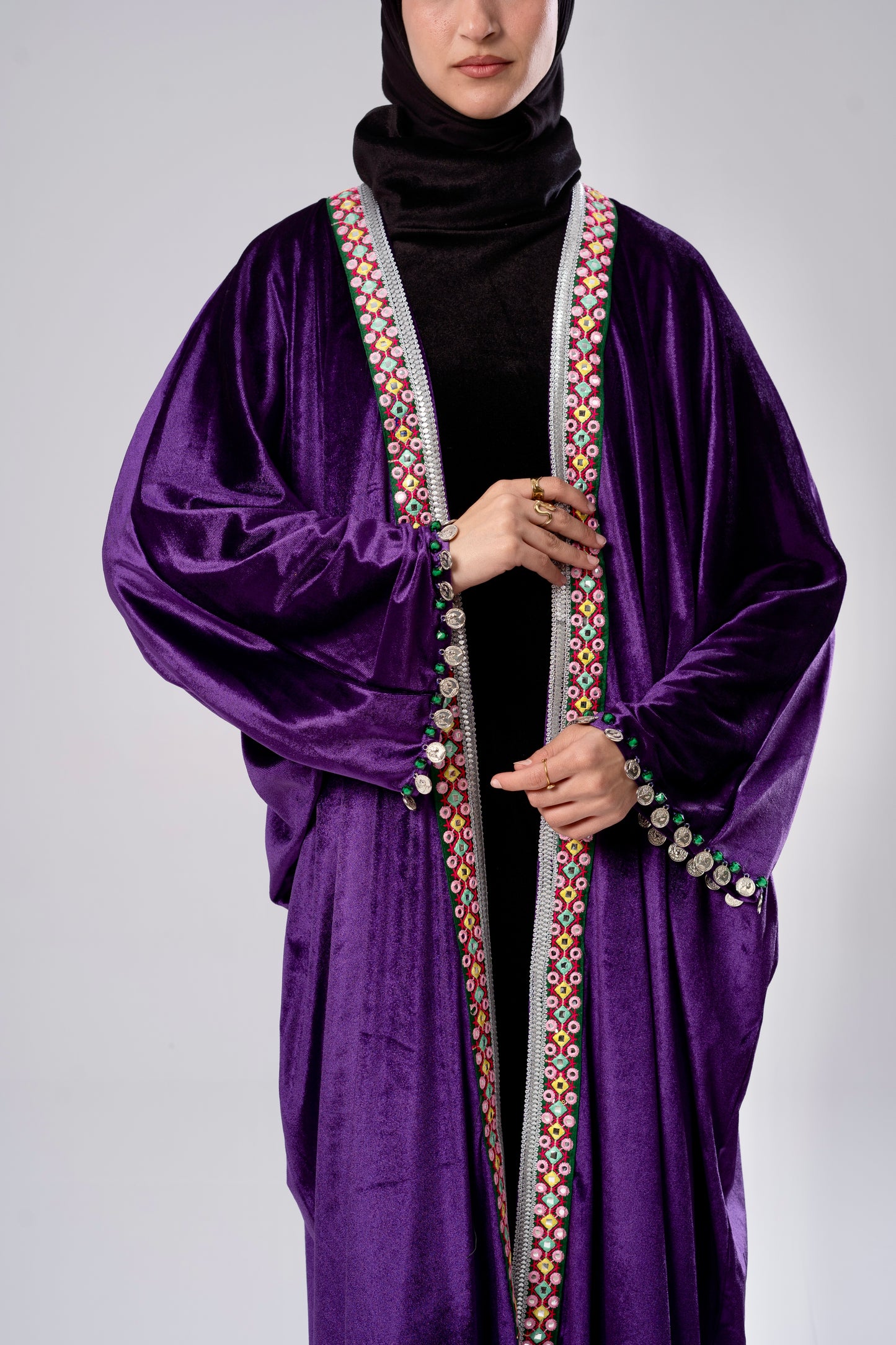 Purple Velvet Kaftan with Silver& Green Pattern