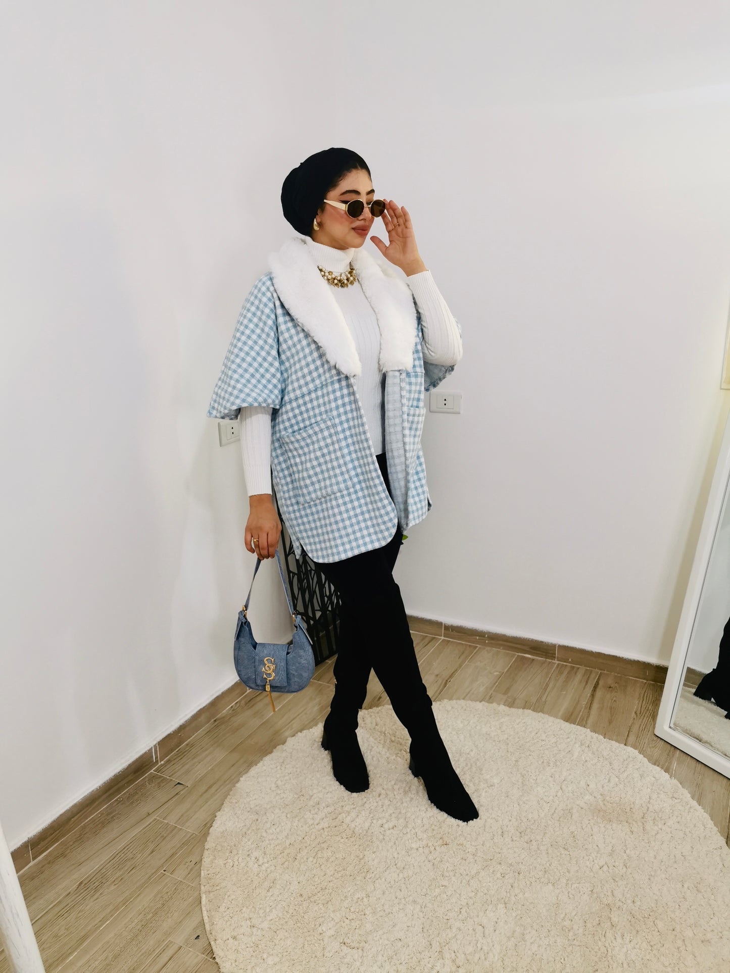 Baby Blue Poncho with white fur