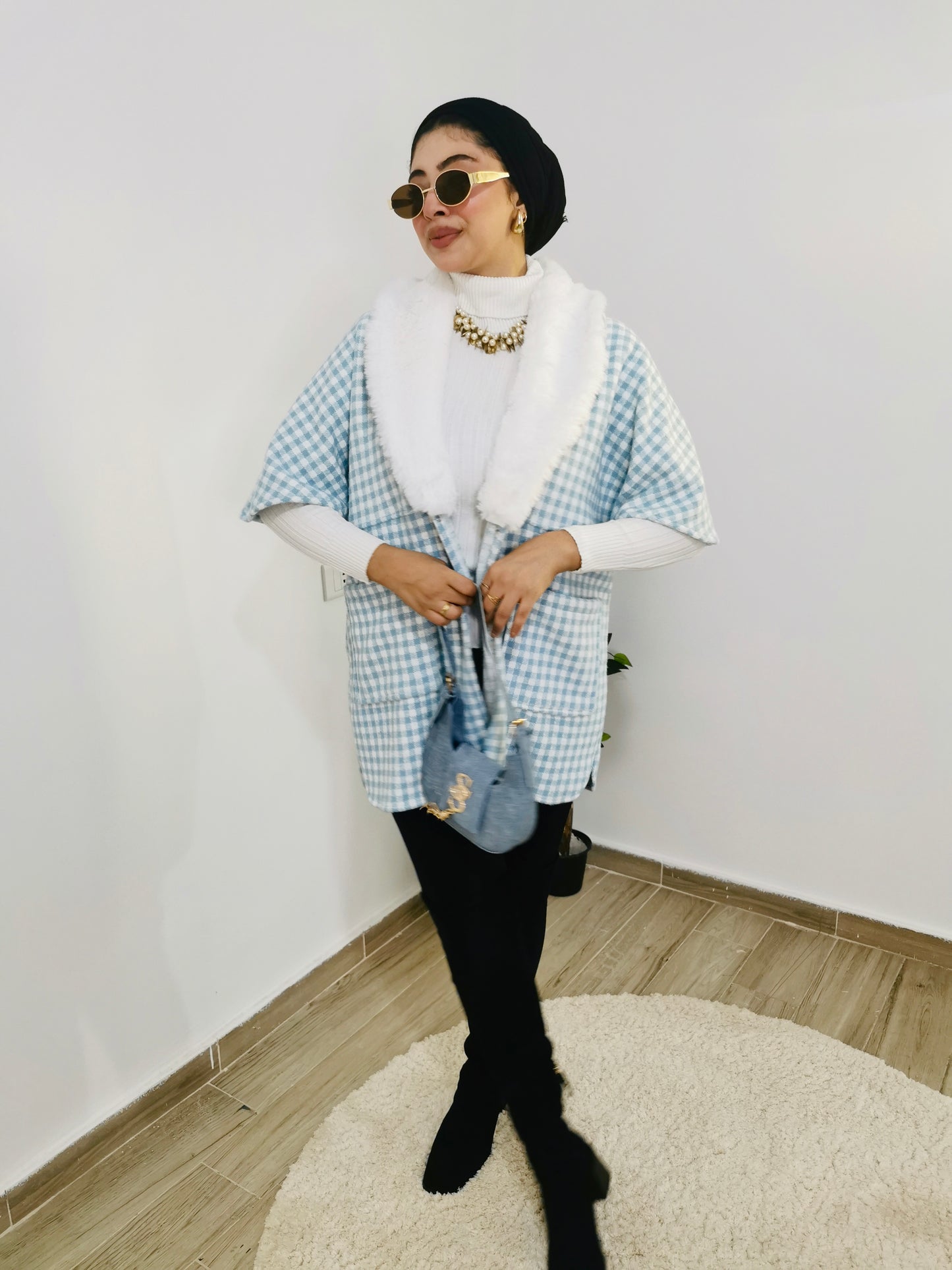 Baby Blue Poncho with white fur