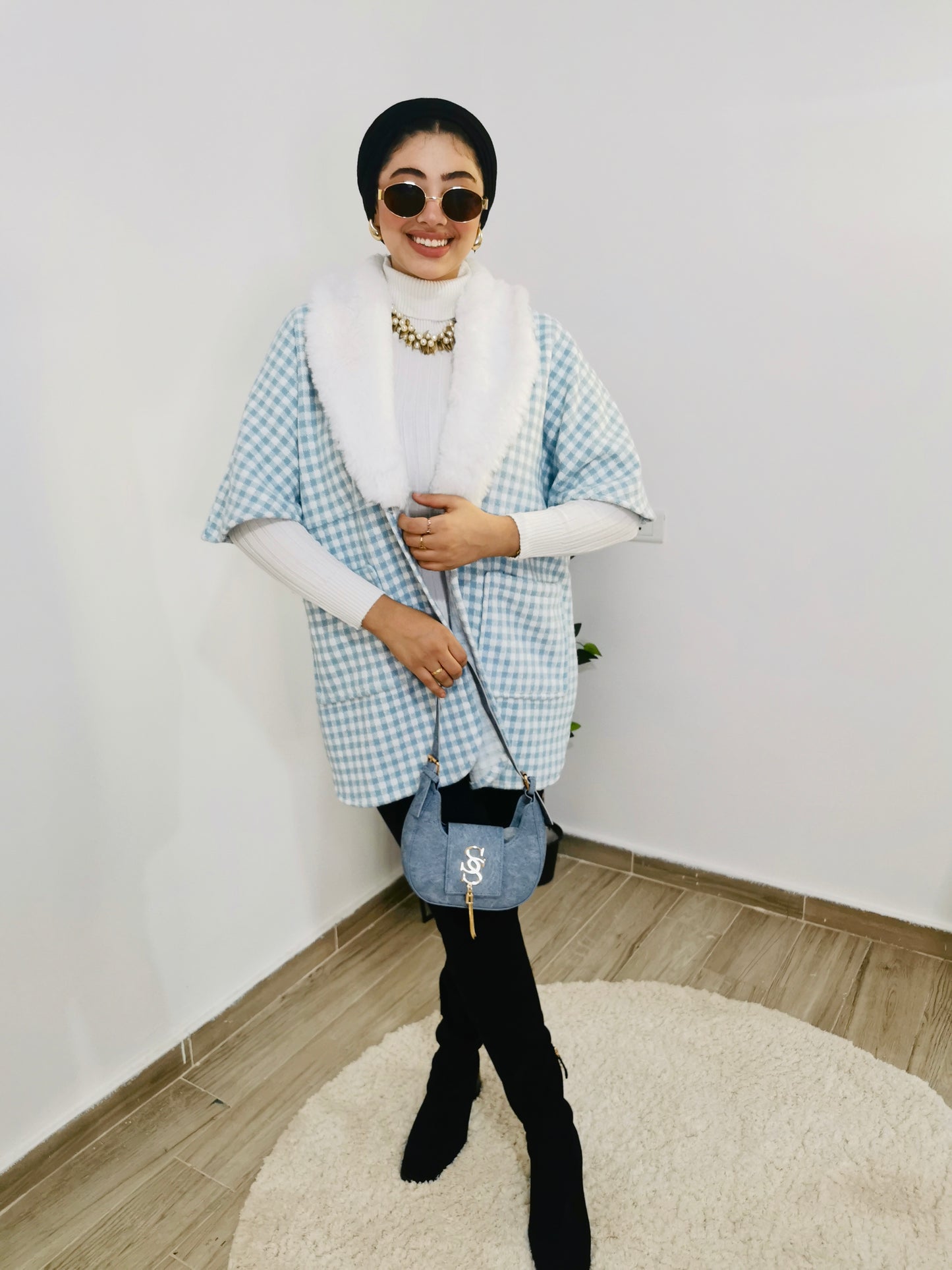 Baby Blue Poncho with white fur