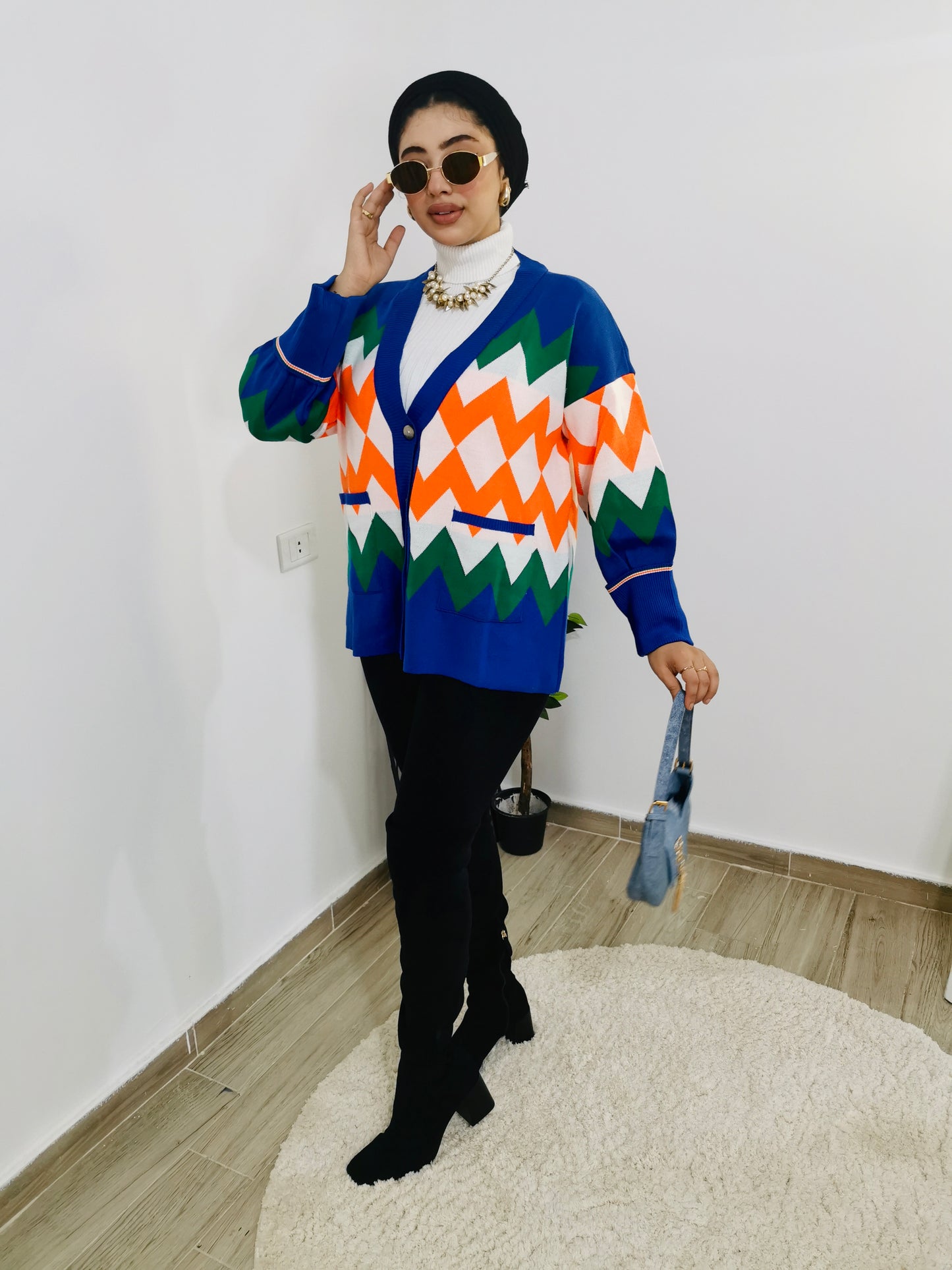 Blue jacket with colorful pattern