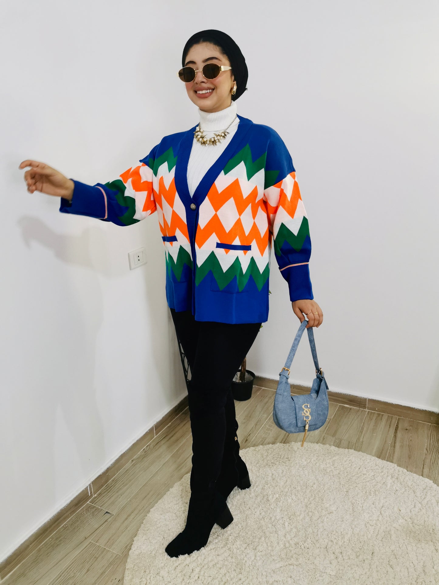 Blue jacket with colorful pattern