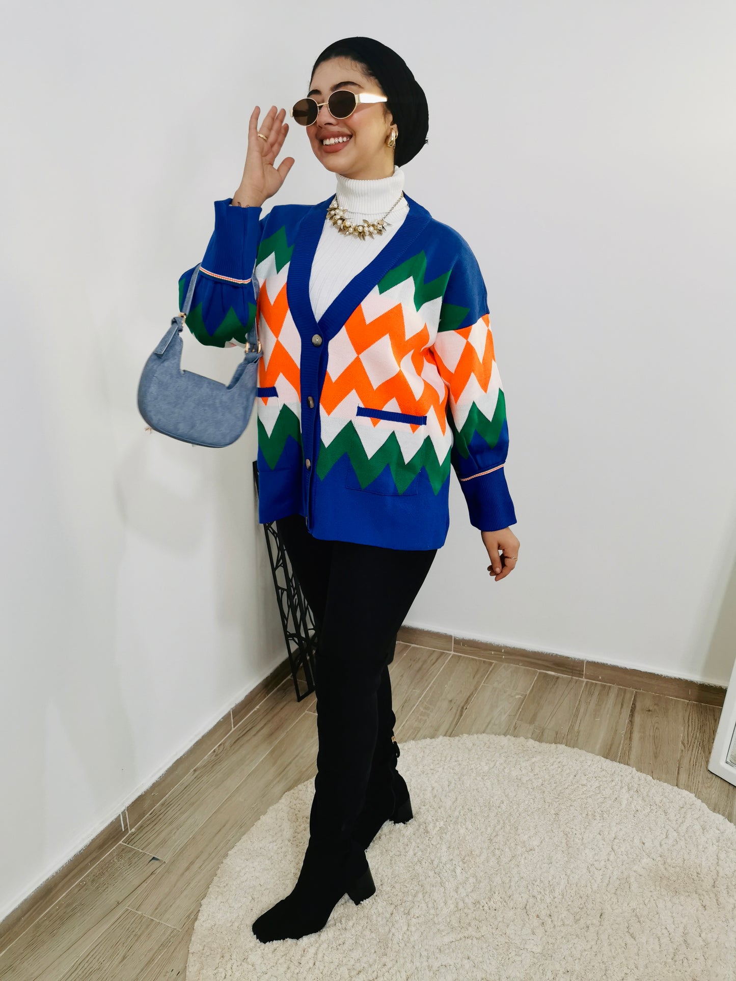 Blue jacket with colorful pattern
