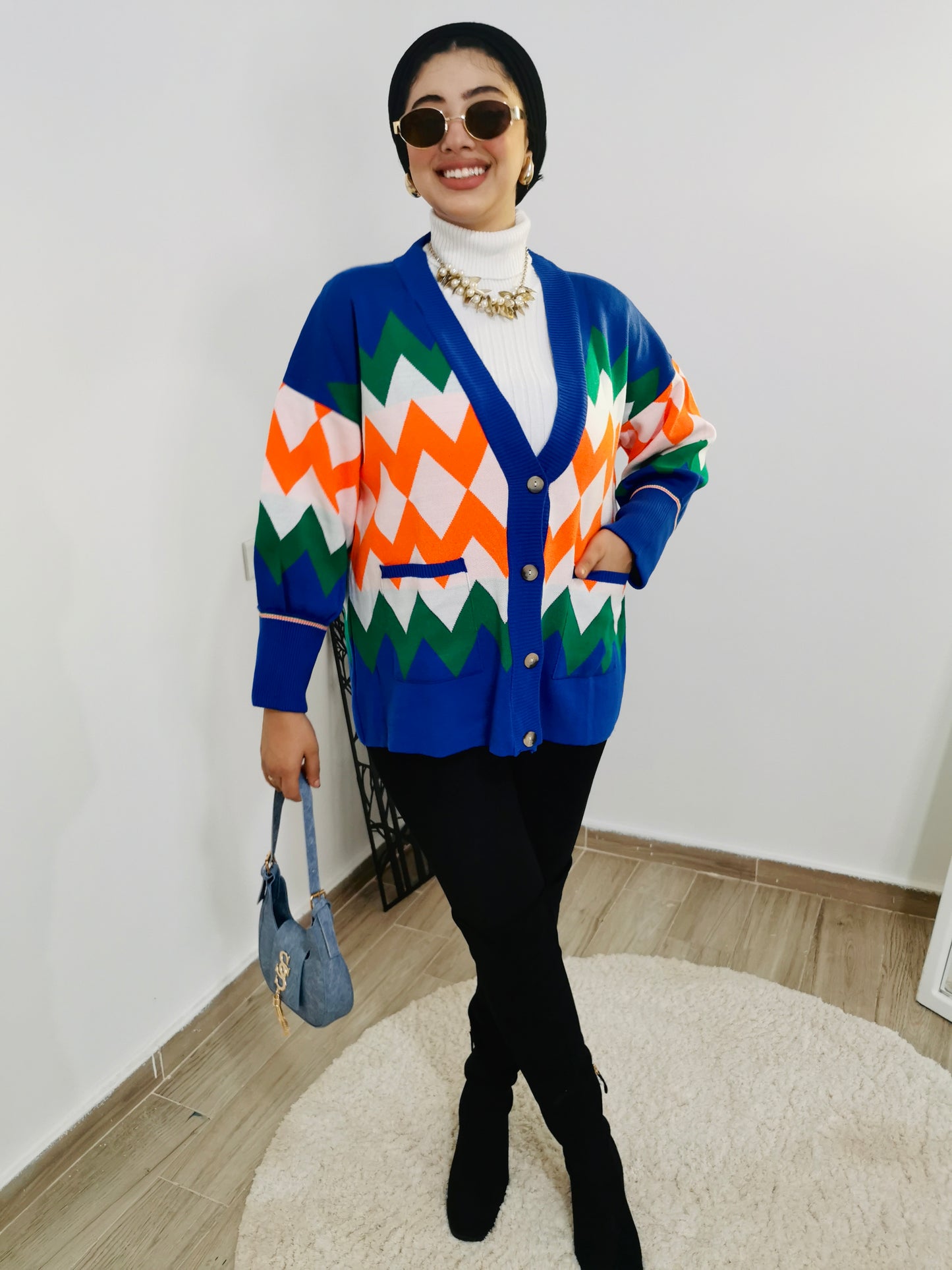 Blue jacket with colorful pattern