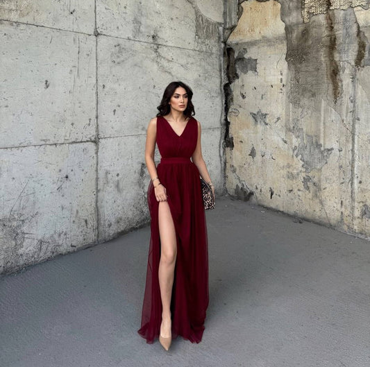 Burgundy Tulle long dress