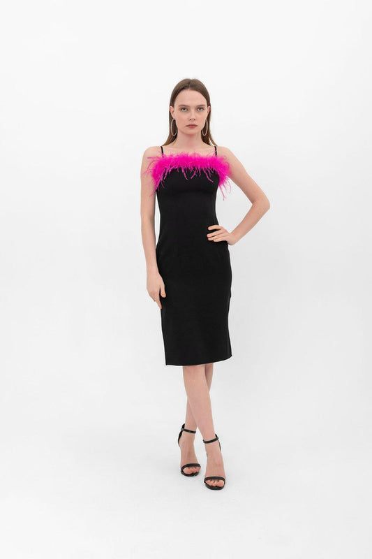 Black short dress with pink feather