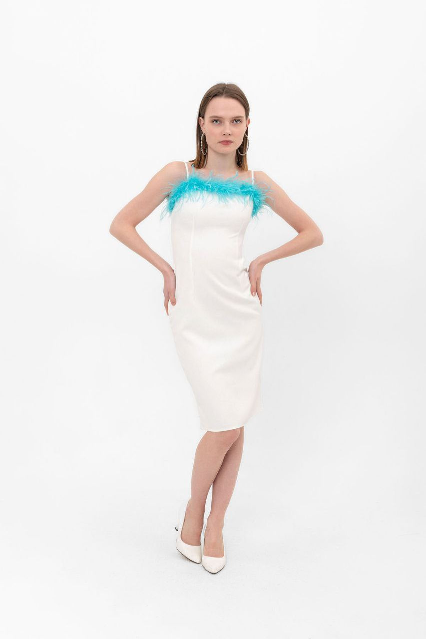 White short dress with Turquoise feather