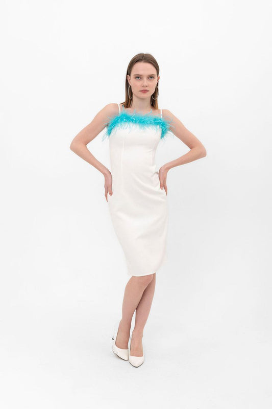 White short dress with Turquoise feather