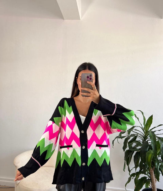 Black jacket with colorful pattern