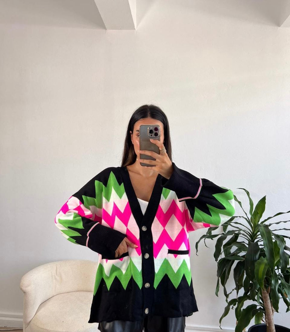 Black jacket with colorful pattern