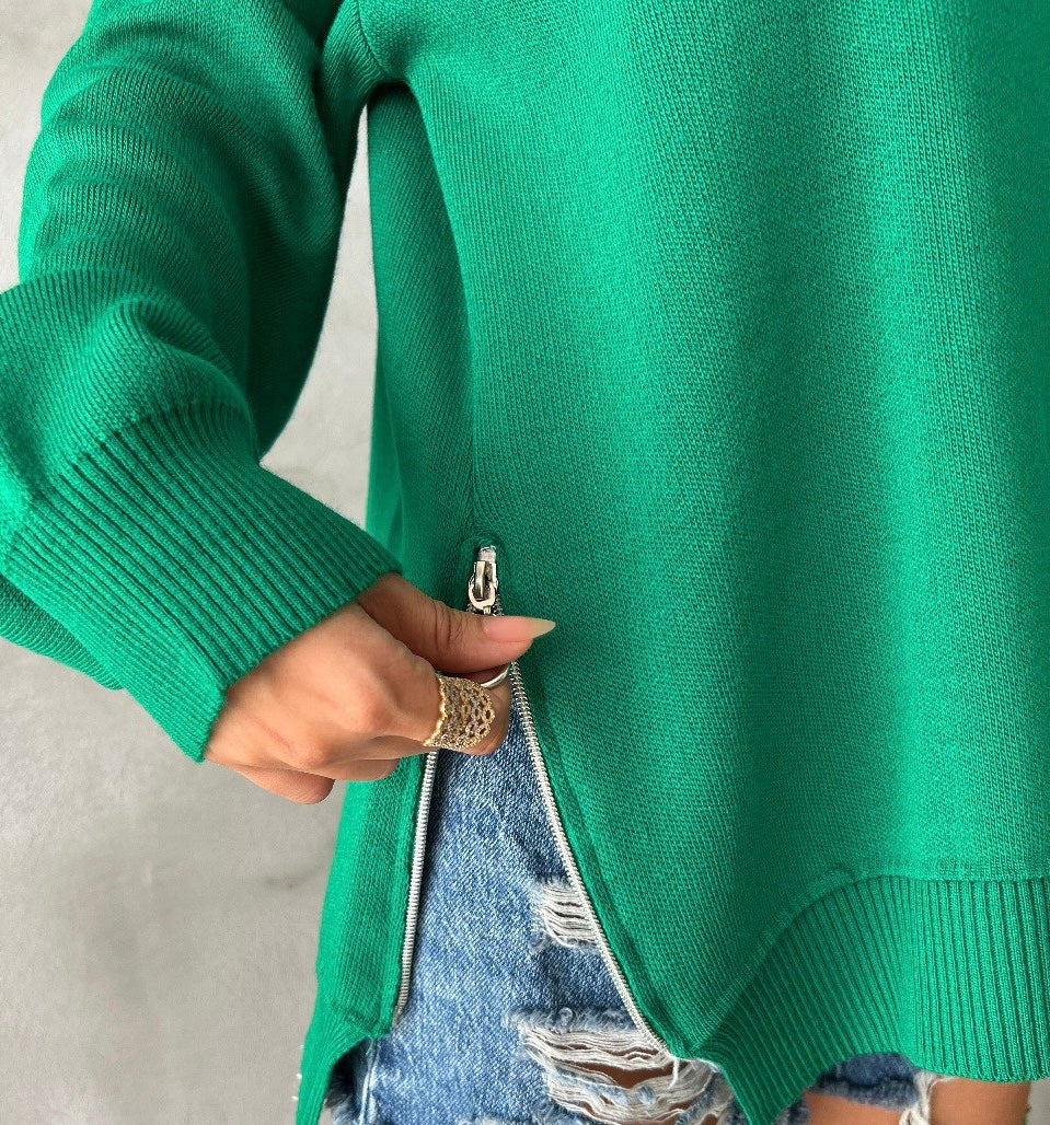 Green pullover with side zipper