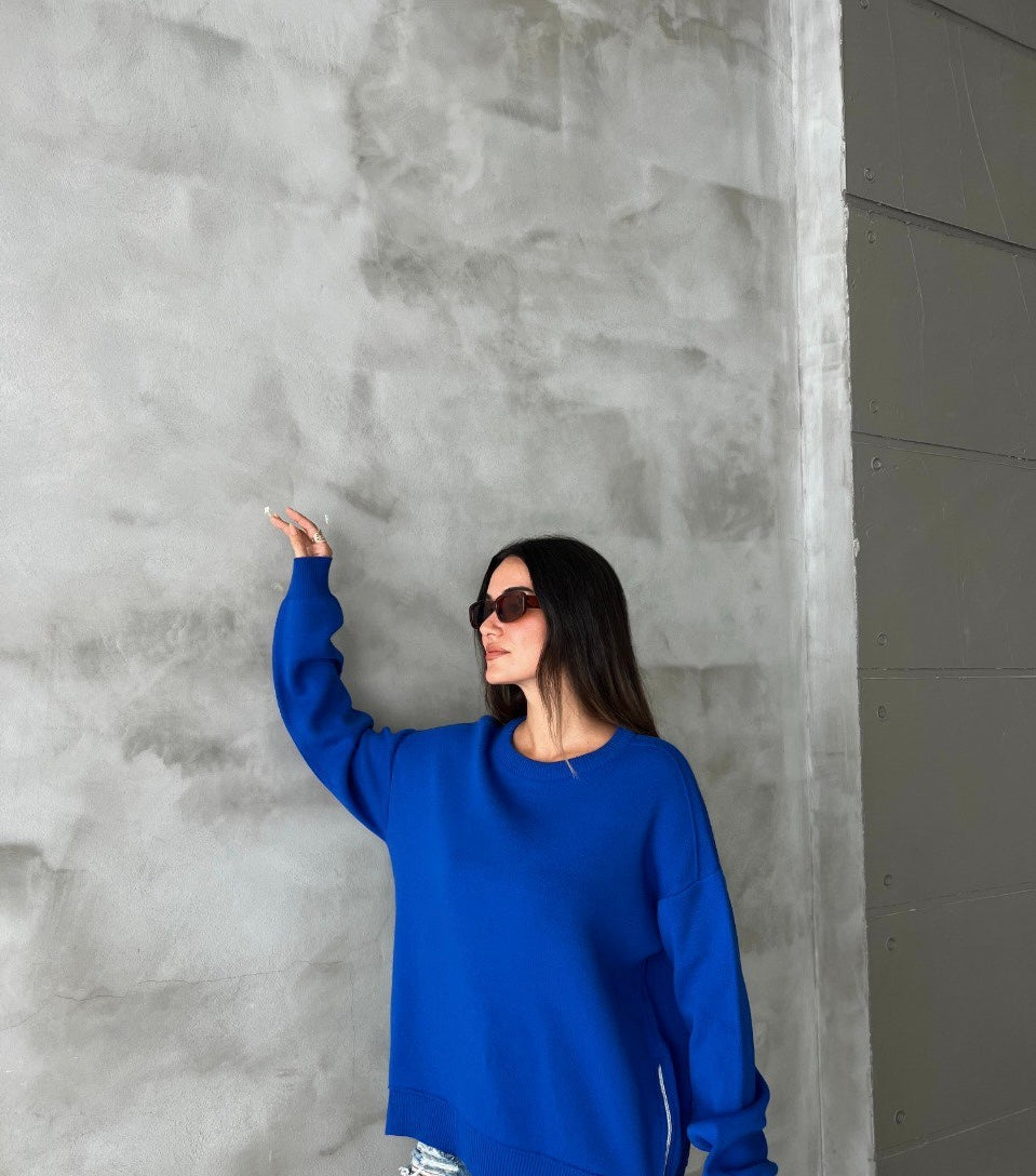 Blue pullover with side zipper