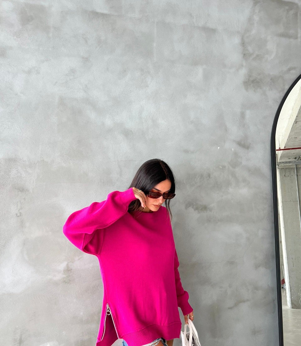 Hot pink pullover with side zipper