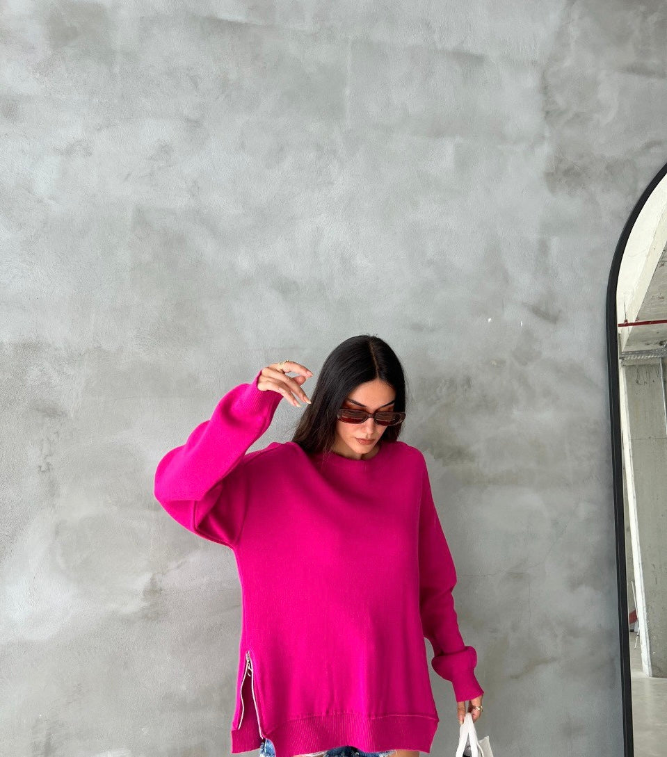 Hot pink pullover with side zipper