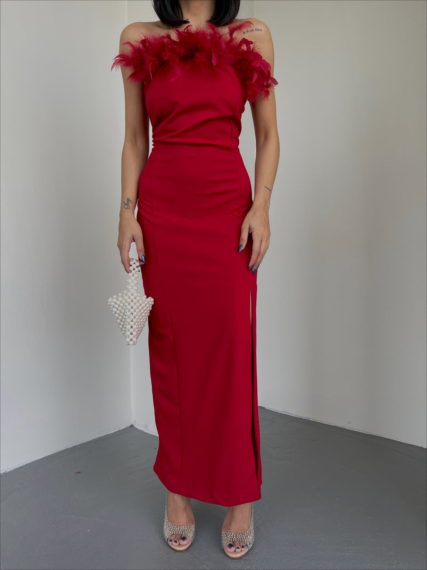 Red feather cup dress