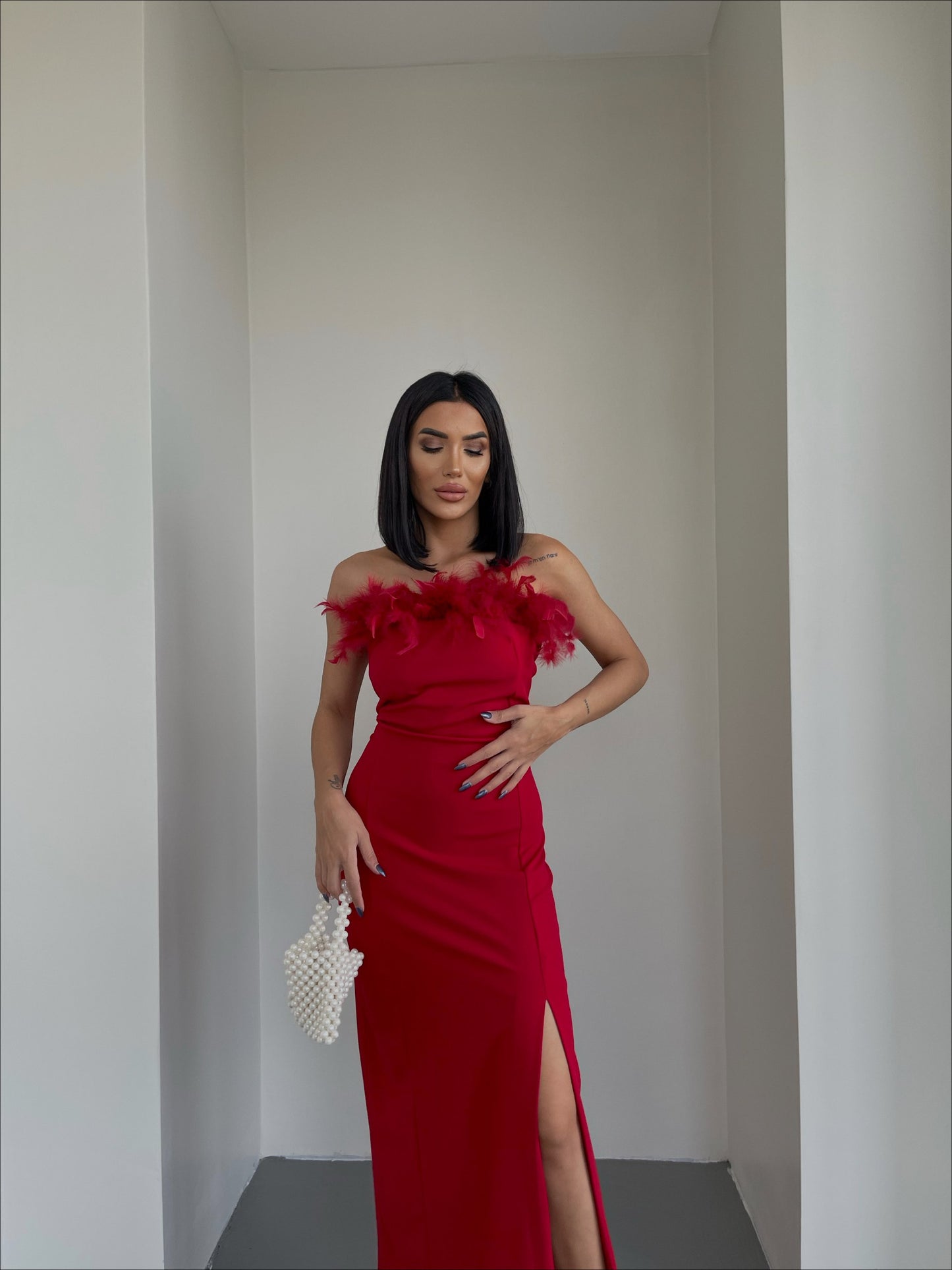 Red feather cup dress