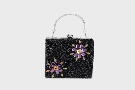 Black soiree bag with purple stones