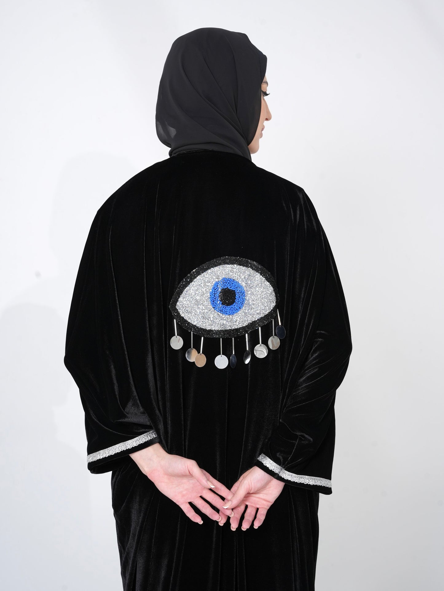 Velvet Blue Eye Abaya with Silver pattern