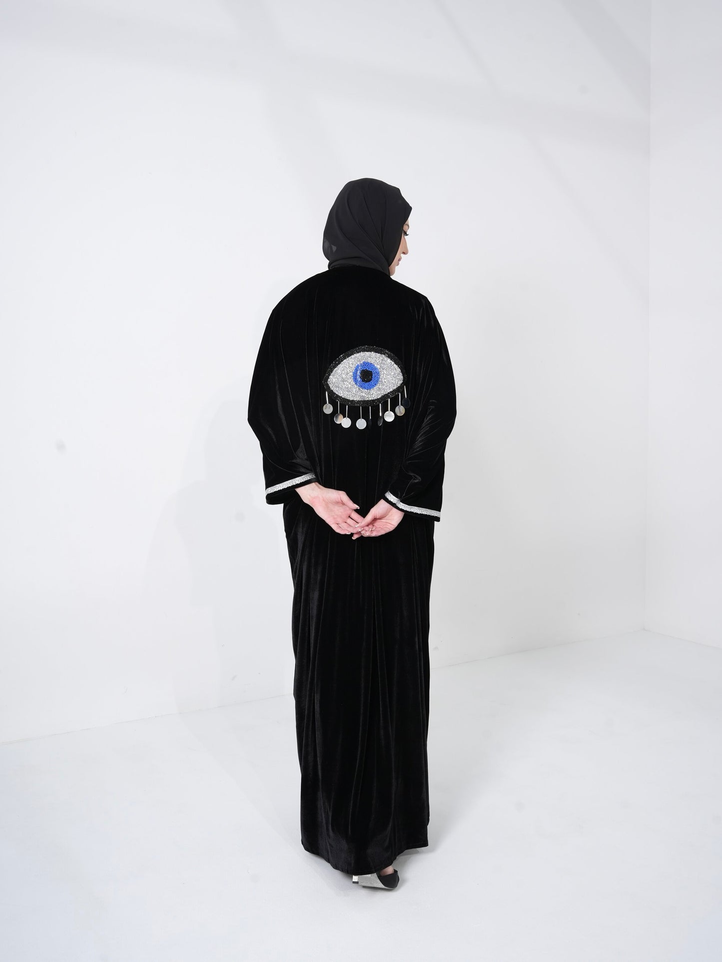 Velvet Blue Eye Abaya with Silver pattern